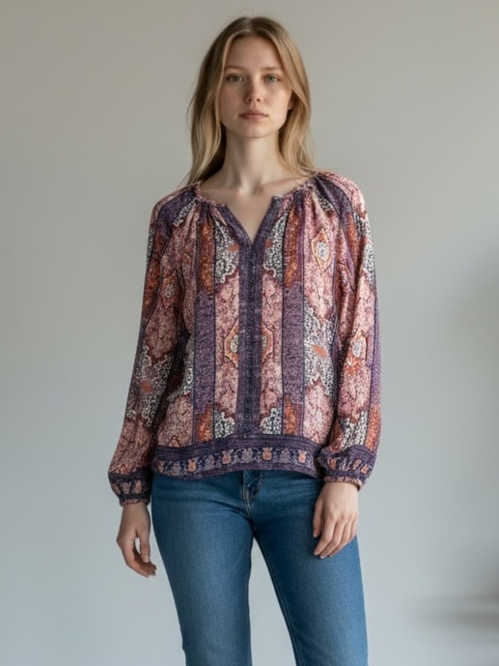 Lucky Brand Long Sleeve Boho Tribal Print Blouse V-neck Medium